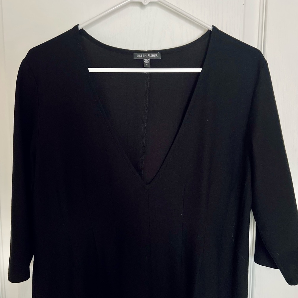 Eileen Fisher Deep V Neck Black Midi Dress with Sleeves size Large - Picture 2 of 7